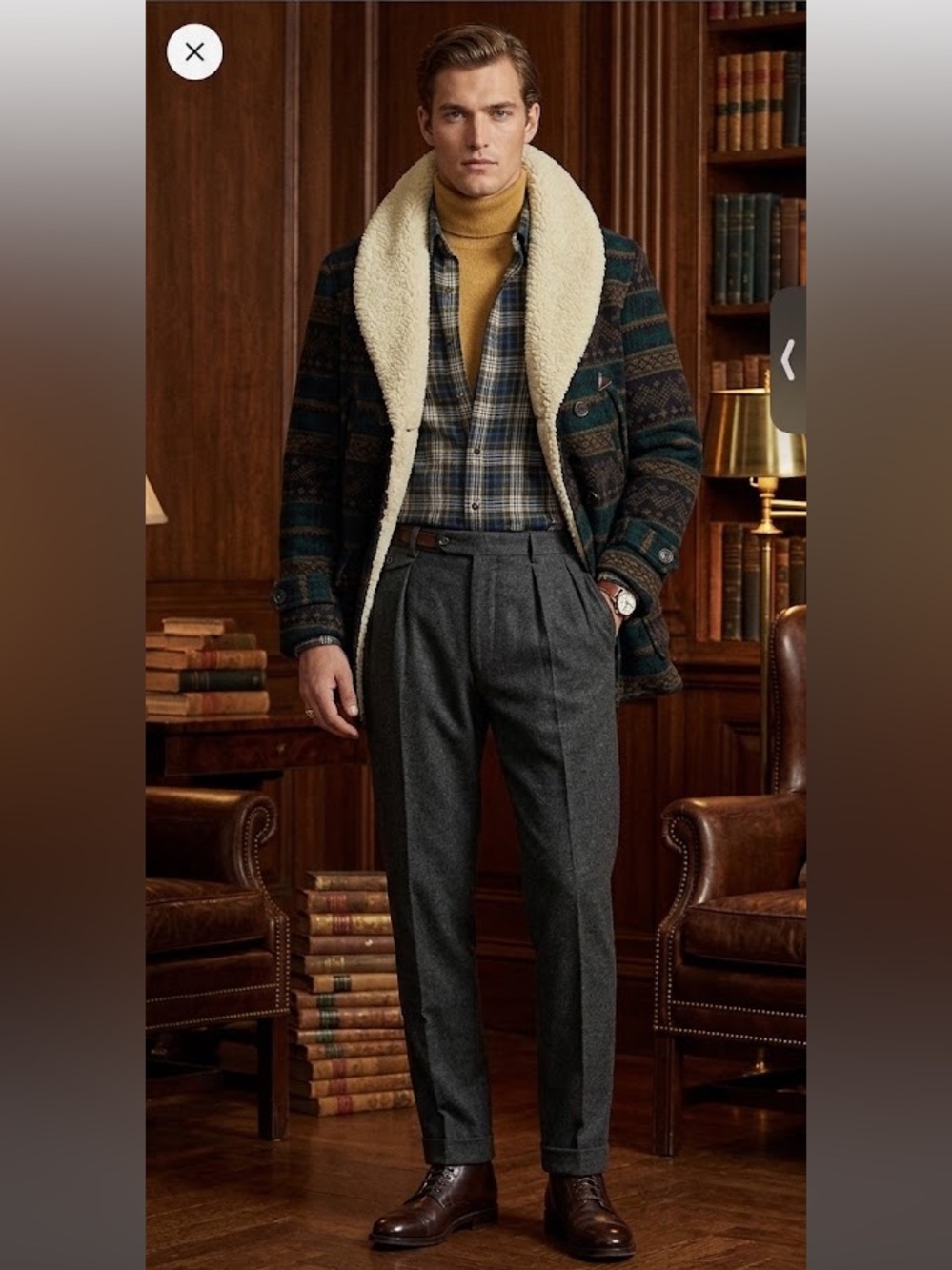 VTG rare Woolrich Green and Brown Patterned Sherpa Collar Wool Coat